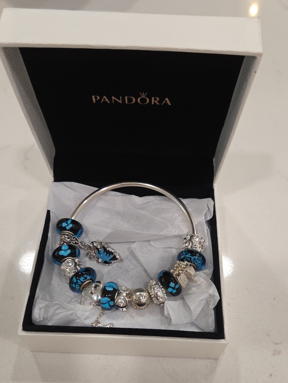 Pandora Silver Bracelet with Blue and Black Glass Charms